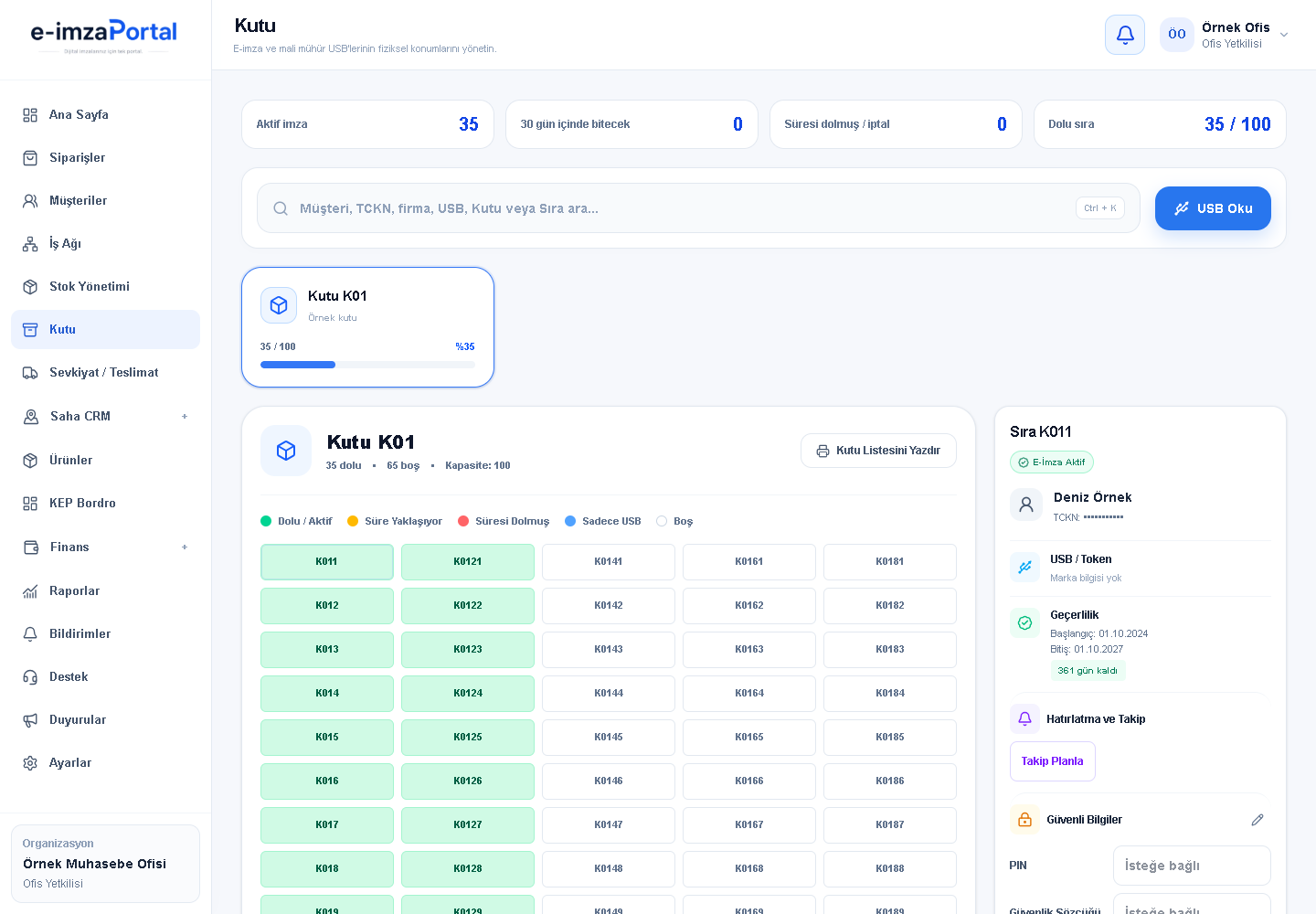 E-imza cihazlarının kutu ve sıra bilgilerinin takip edildiği Portal ekranı, örnek veriler