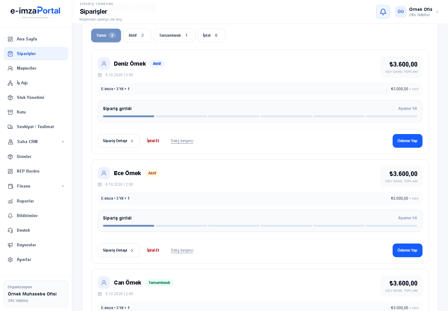Müşteri siparişlerini listeleyen Portal sipariş takip ekranı, örnek veriler